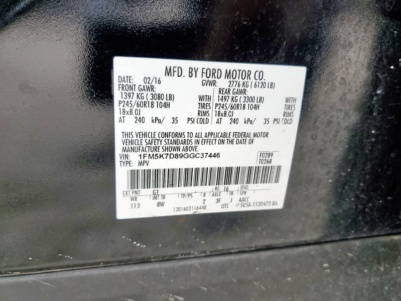 1FM5K7D89GGC37446 FORD EXPLORER 2016