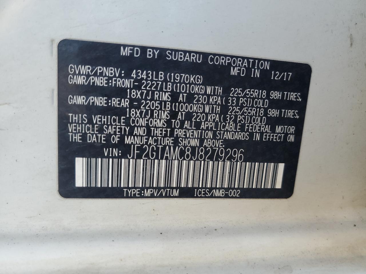 2018 Subaru Crosstrek Limited VIN: JF2GTAMC8J8279296 Lot: 55695555