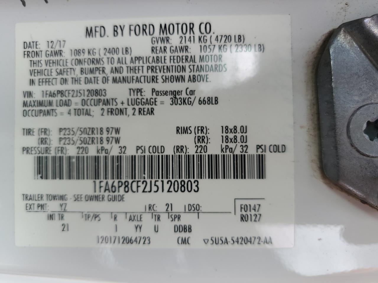 1FA6P8CF2J5120803 FORD MUSTANG 2018