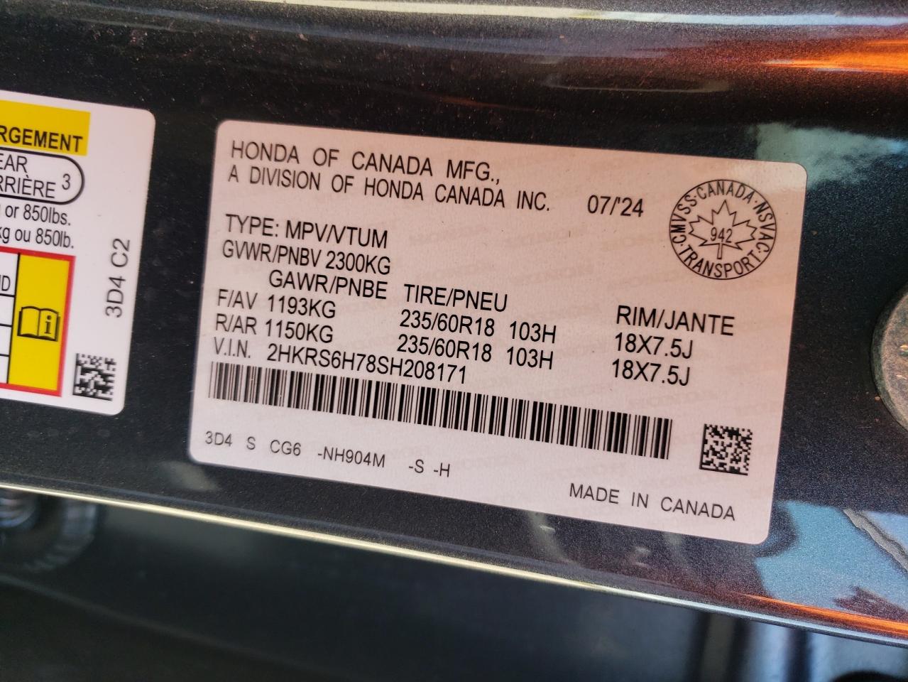 2HKRS6H78SH208171 HONDA CRV 2025