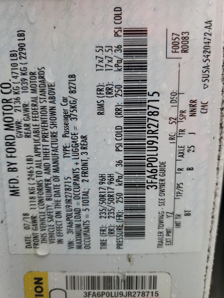 2018 Ford Fusion Se Hybrid VIN: 3FA6P0LU9JR278715 Lot: 54039335