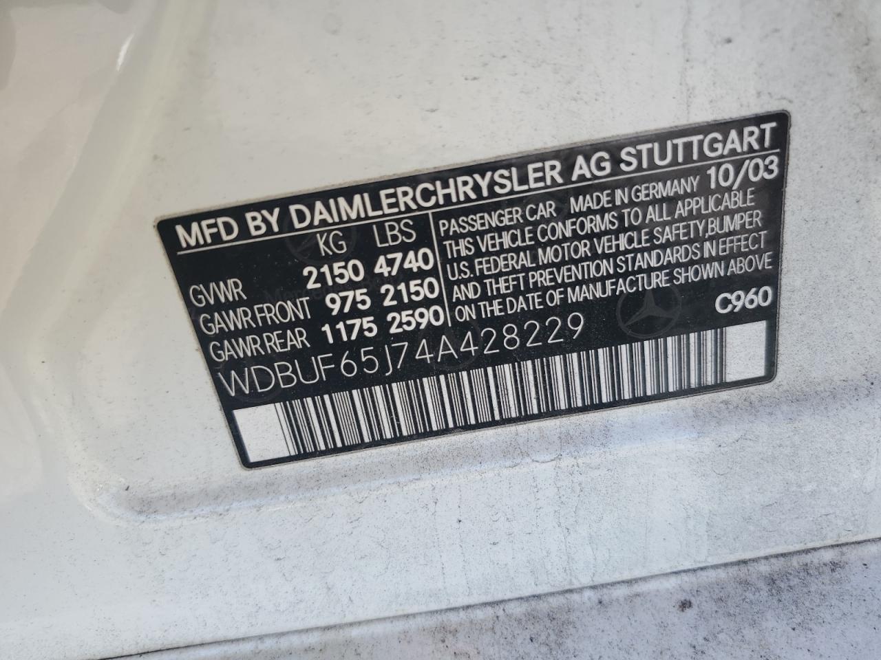 2004 Mercedes-Benz E 320 VIN: WDBUF65J74A428229 Lot: 53520855