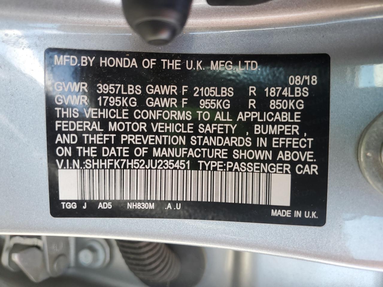 SHHFK7H52JU235451 HONDA CIVIC 2018