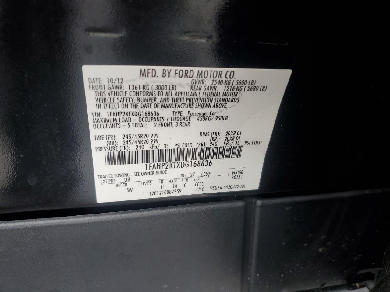 2013 Ford Taurus Sho VIN: 1FAHP2KTXDG168636 Lot: 56921795