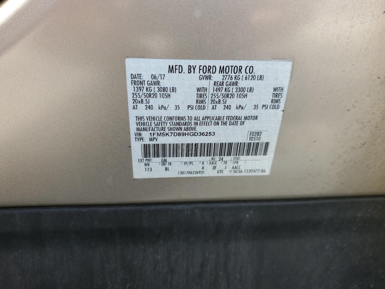 1FM5K7D89HGD36253 FORD EXPLORER 2017