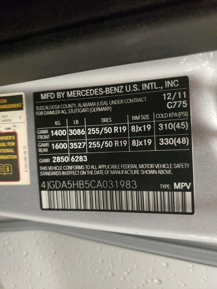 2012 Mercedes-Benz Ml 350 4Matic VIN: 4JGDA5HB5CA031983 Lot: 57404445