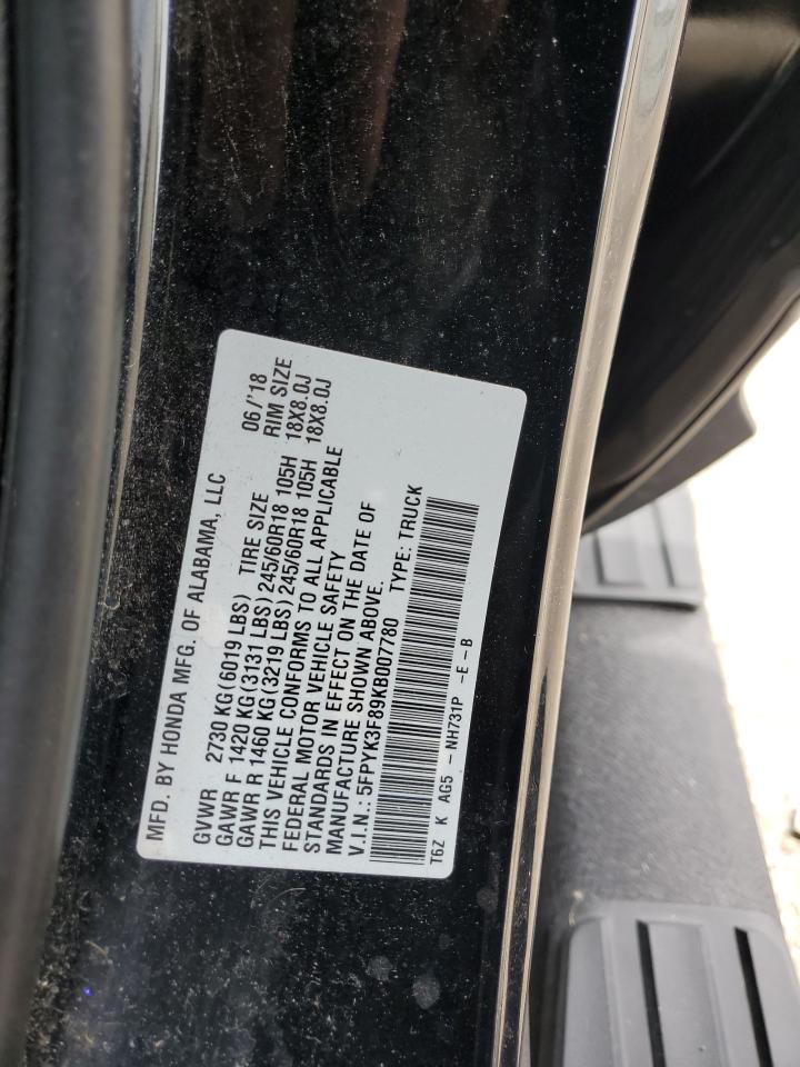 2019 Honda Ridgeline Black Edition VIN: 5FPYK3F89KB007780 Lot: 56159235