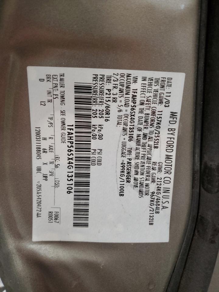 2004 Ford Taurus Sel VIN: 1FAHP56SX4G135106 Lot: 57493935