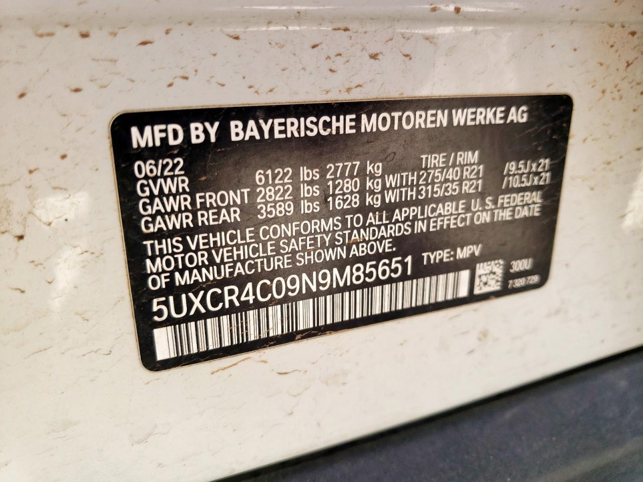 2022 BMW X5 Sdrive 40I VIN: 5UXCR4C09N9M85651 Lot: 56845005