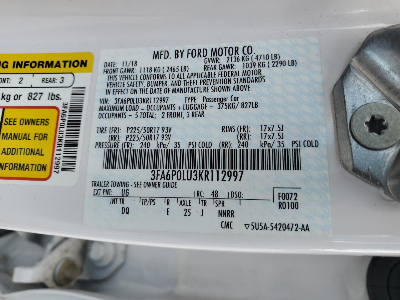 3FA6P0LU3KR112997 FORD FUSION 2019