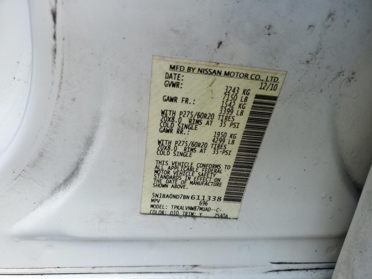 2011 Nissan Armada Sv VIN: 5N1BA0ND7BN611338 Lot: 57069135