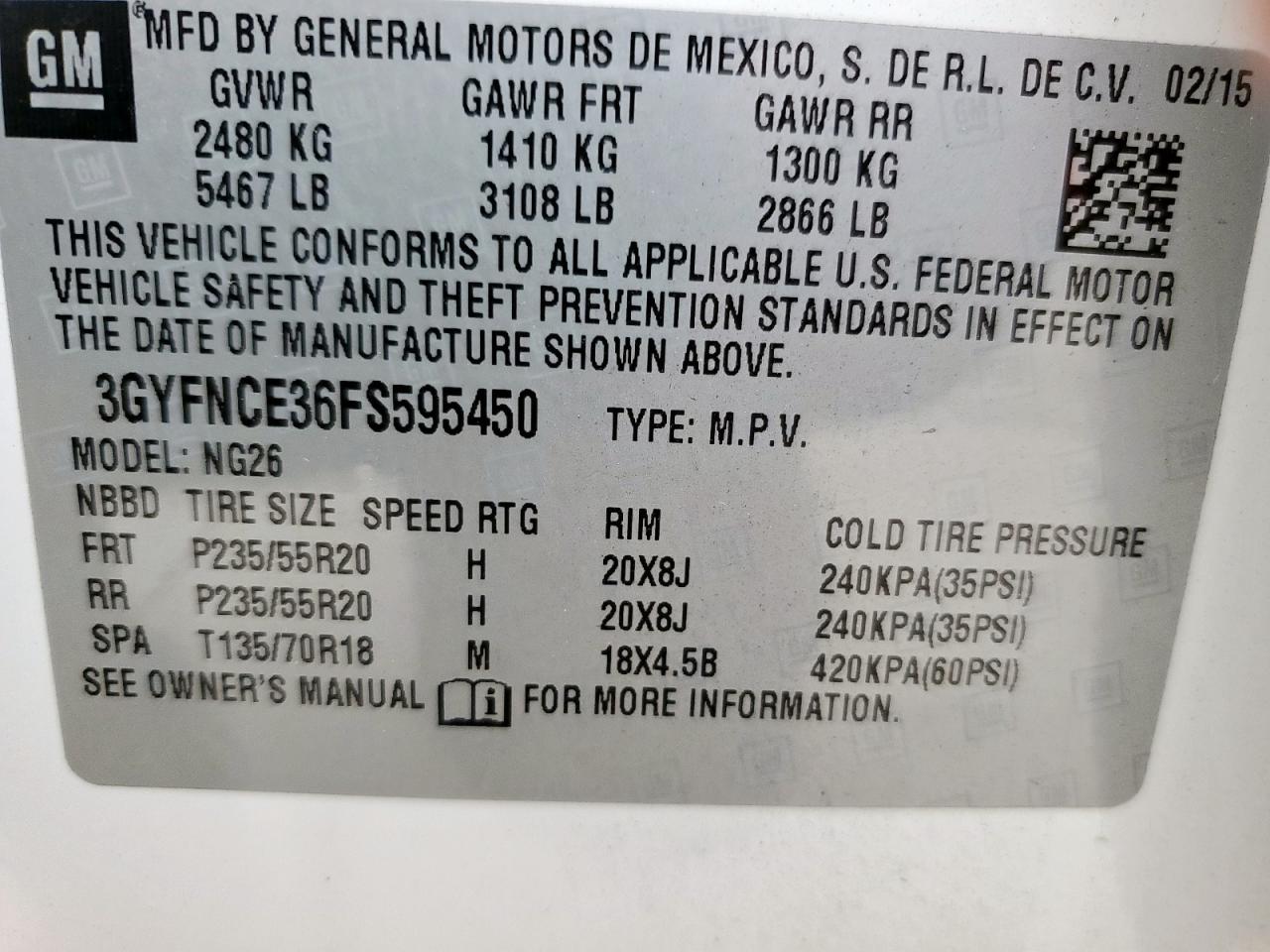 2015 Cadillac Srx Performance Collection VIN: 3GYFNCE36FS595450 Lot: 57338215