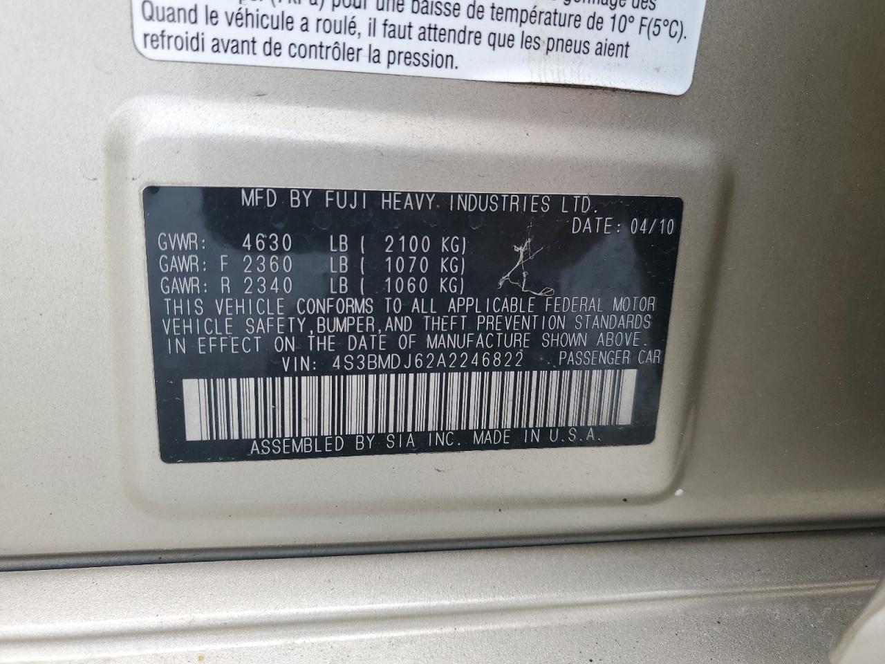 2010 Subaru Legacy 3.6R Limited VIN: 4S3BMDJ62A2246822 Lot: 57749345