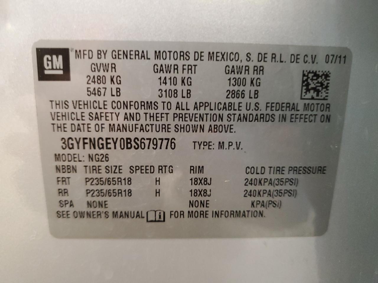 2011 Cadillac Srx VIN: 3GYFNGEY0BS679776 Lot: 57092805