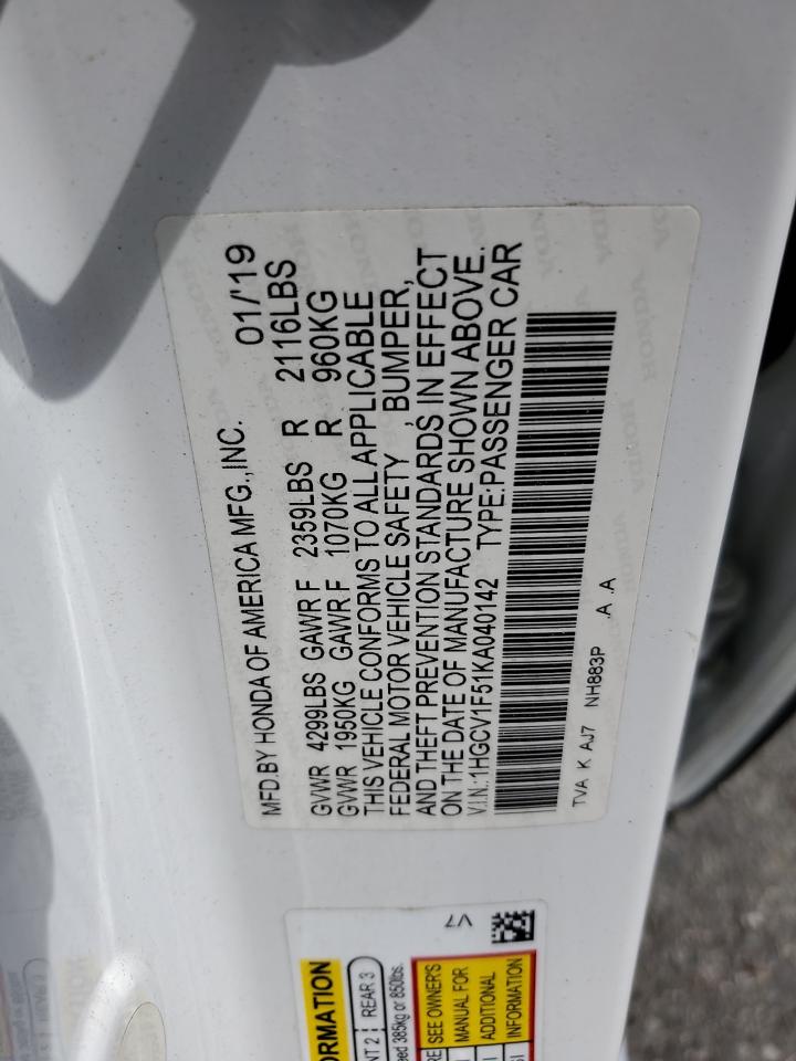 2019 Honda Accord Exl VIN: 1HGCV1F51KA040142 Lot: 56219595