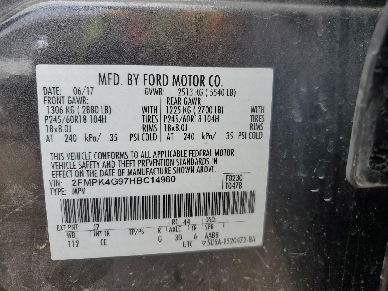 2FMPK4G97HBC14980 FORD EDGE 2017
