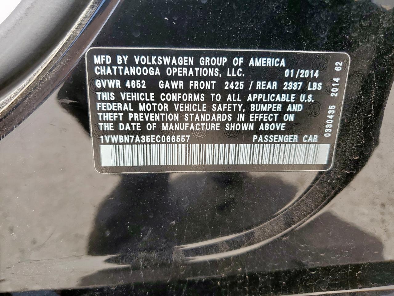 2014 Volkswagen Passat Se VIN: 1VWBN7A35EC066557 Lot: 57065545
