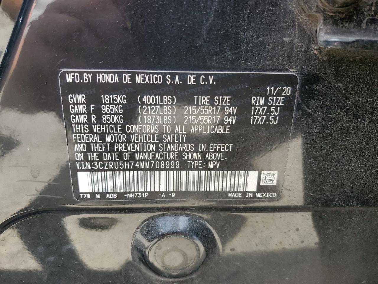 2021 Honda Hr-V Exl VIN: 3CZRU5H74MM708999 Lot: 56825965