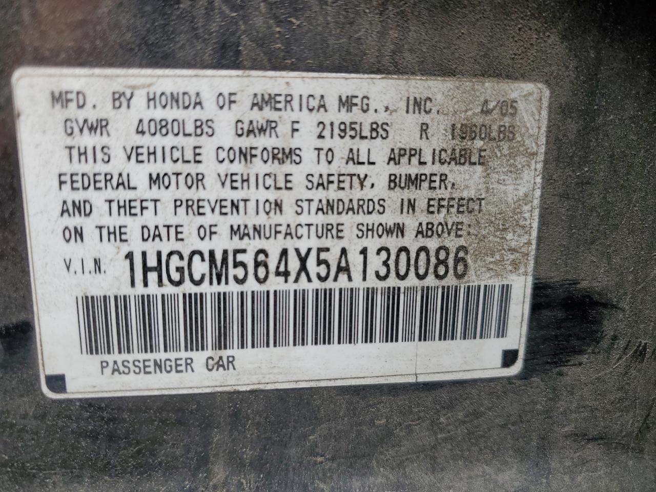 2005 Honda Accord Lx VIN: 1HGCM564X5A130086 Lot: 56872635
