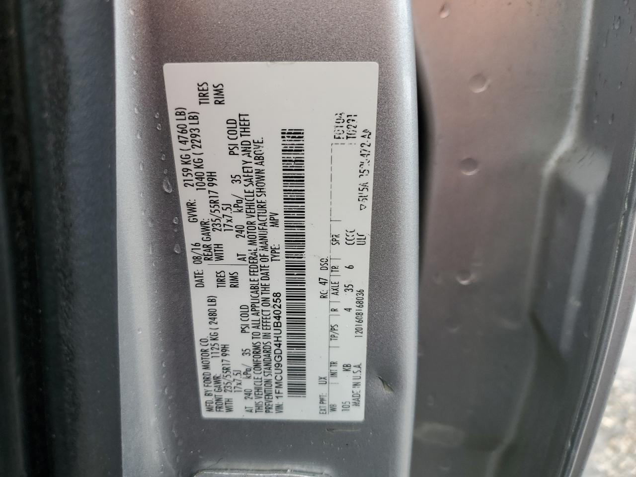 1FMCU9GD4HUB40258 FORD ESCAPE 2017