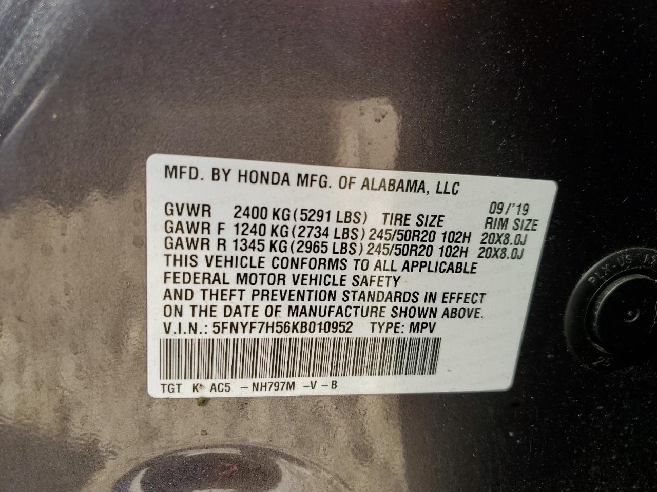 2019 Honda Passport Exl VIN: 5FNYF7H56KB010952 Lot: 55980755