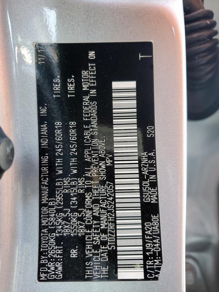 5TDZZRFH2JS242057 TOYOTA HIGHLANDER 2018