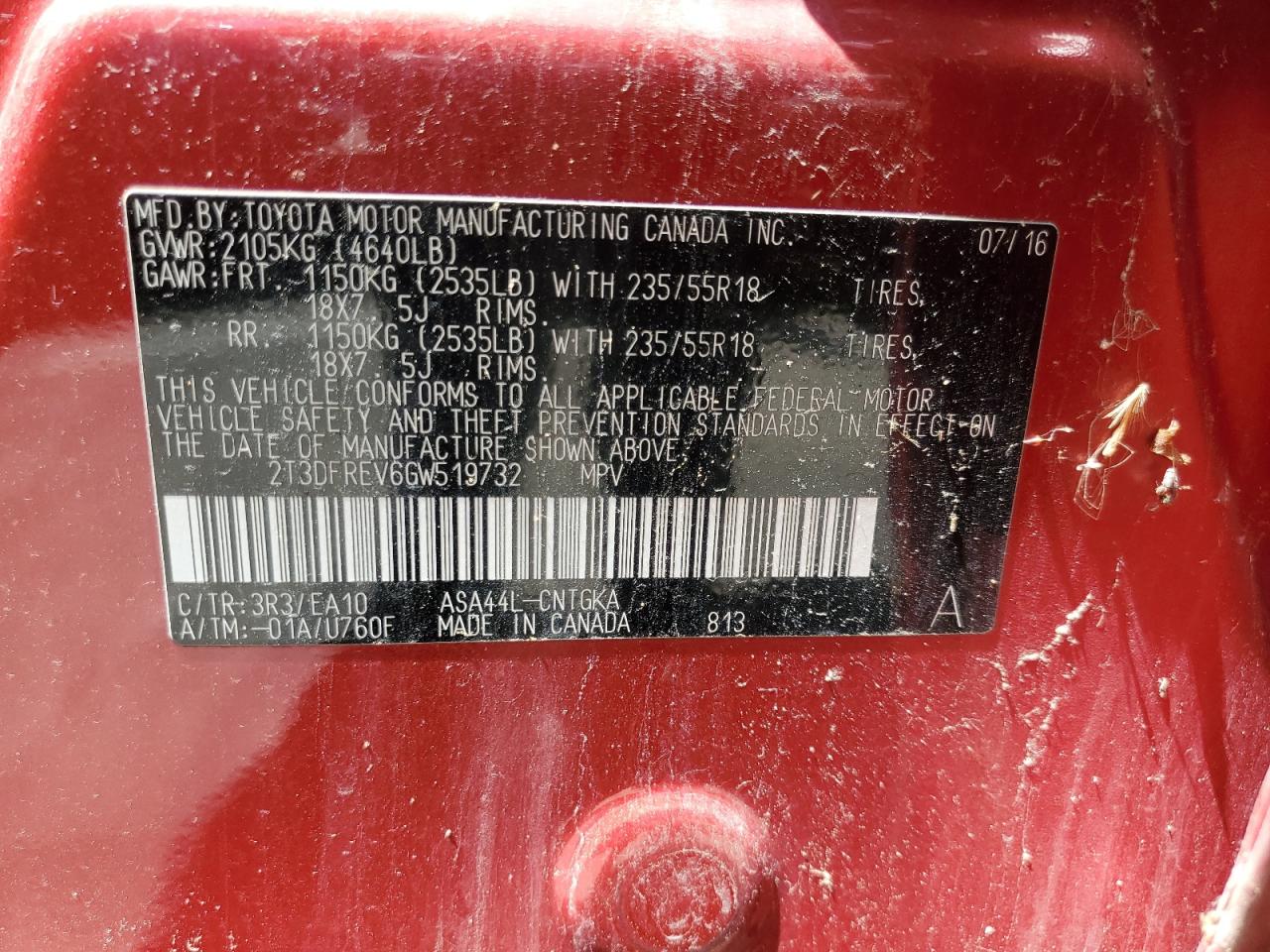 2T3DFREV6GW519732 TOYOTA RAV4 2016