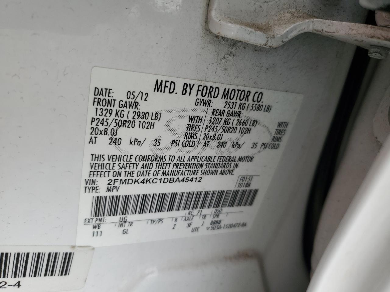 2013 Ford Edge Limited VIN: 2FMDK4KC1DBA45412 Lot: 56698345