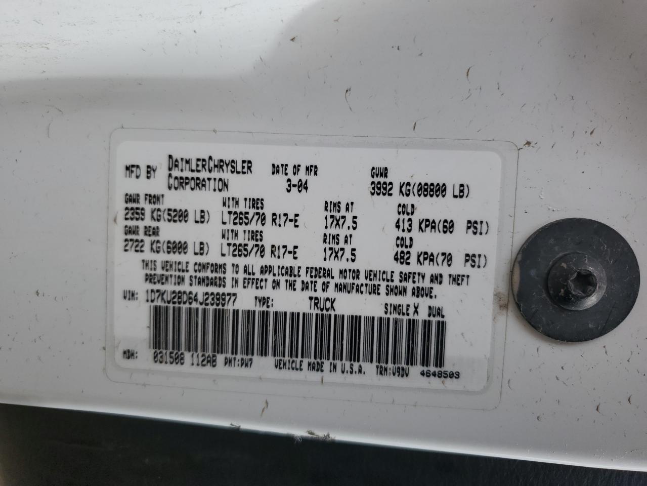 2004 Dodge Ram 2500 St VIN: 1D7KU28D64J239977 Lot: 55588045