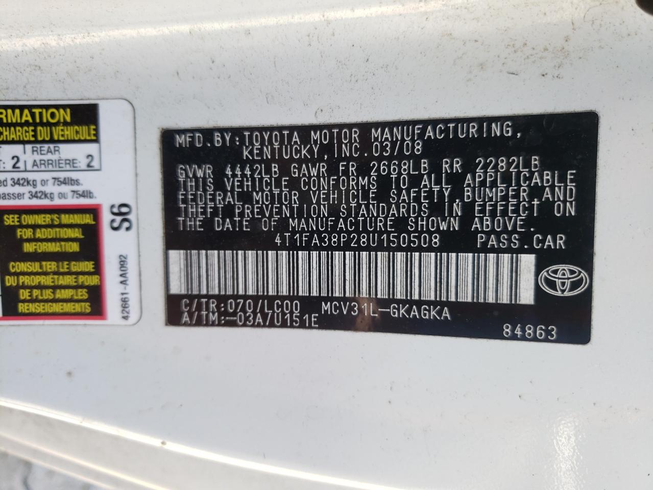 2008 Toyota Camry Solara Se VIN: 4T1FA38P28U150508 Lot: 54742235