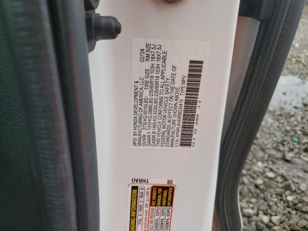 2024 Honda Odyssey Exl VIN: 5FNRL6H69RB039419 Lot: 56296965