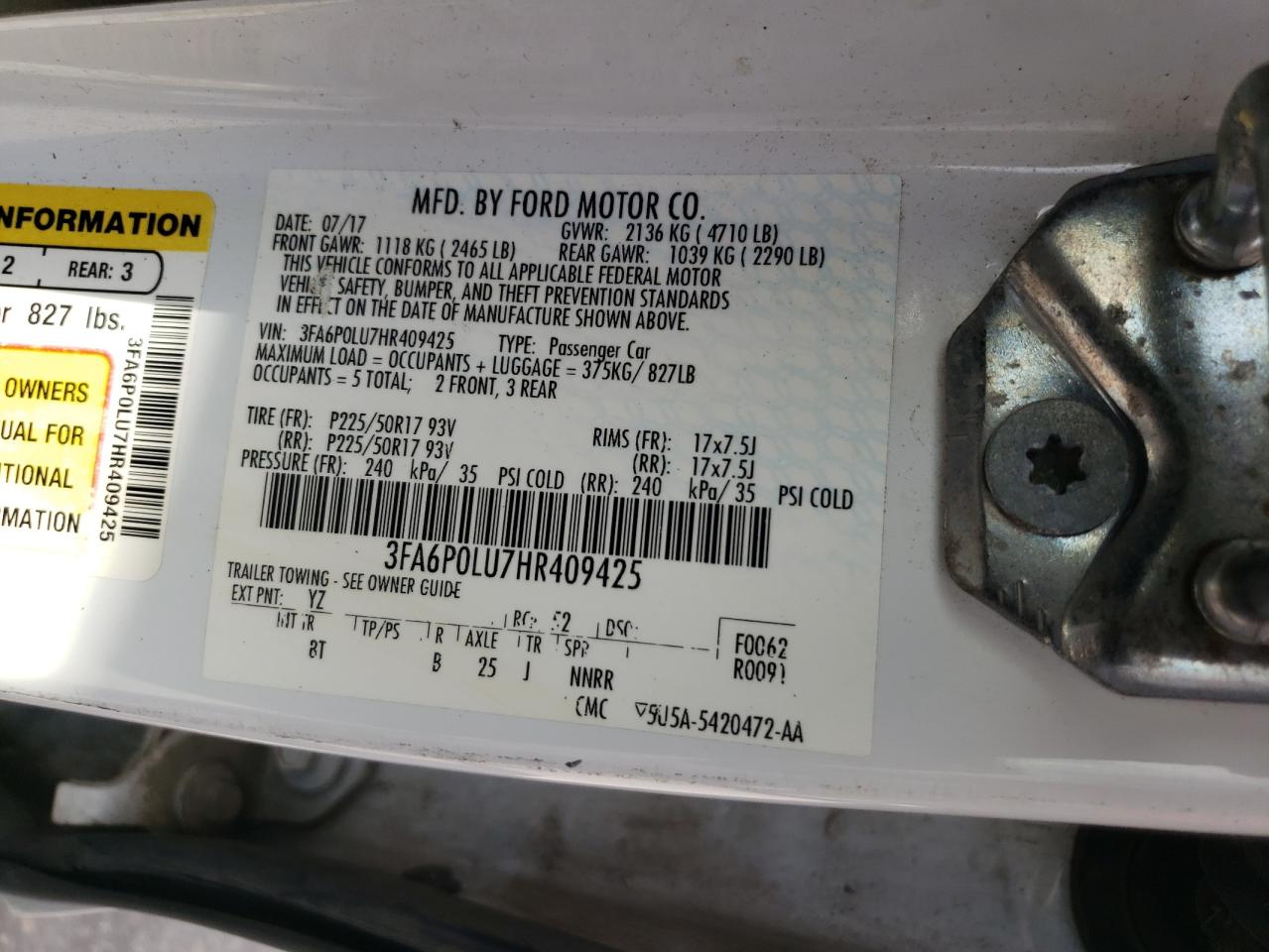 2017 Ford Fusion Se Hybrid VIN: 3FA6P0LU7HR409425 Lot: 54033065