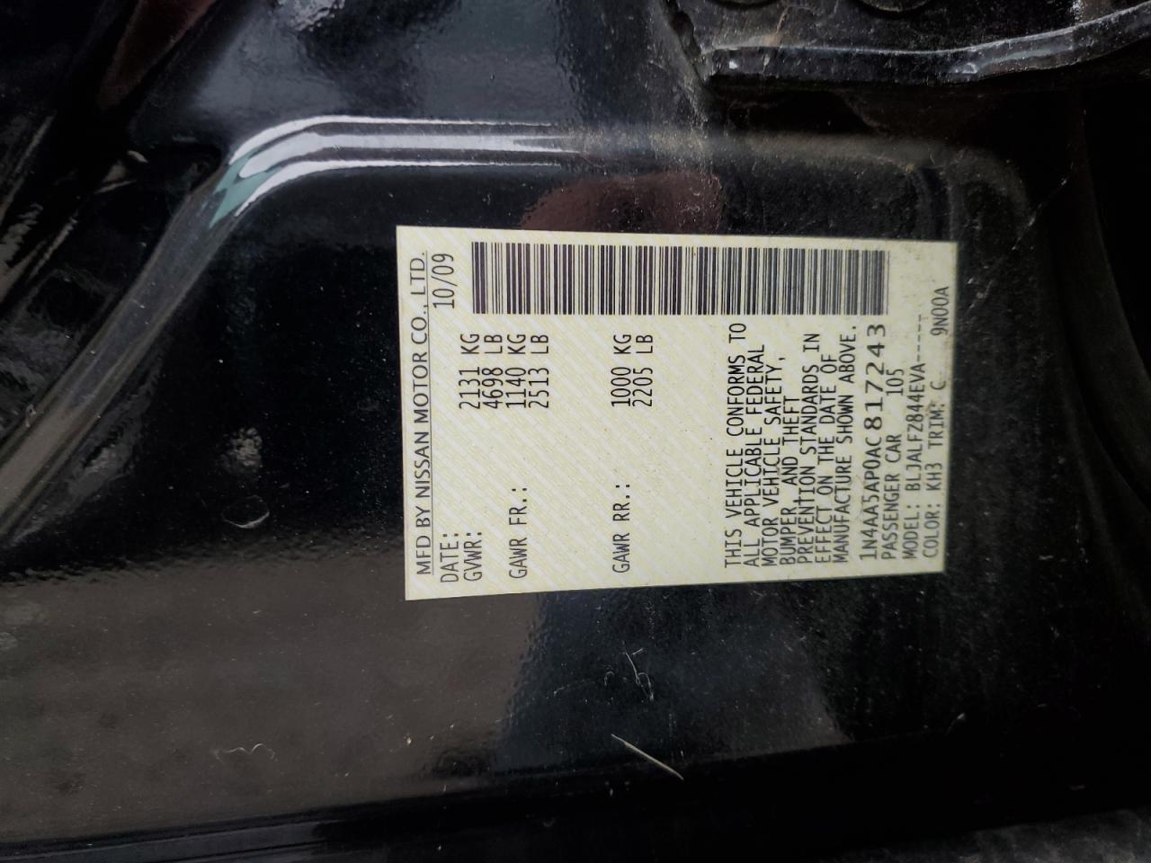 2010 Nissan Maxima S VIN: 1N4AA5AP0AC817243 Lot: 56154125
