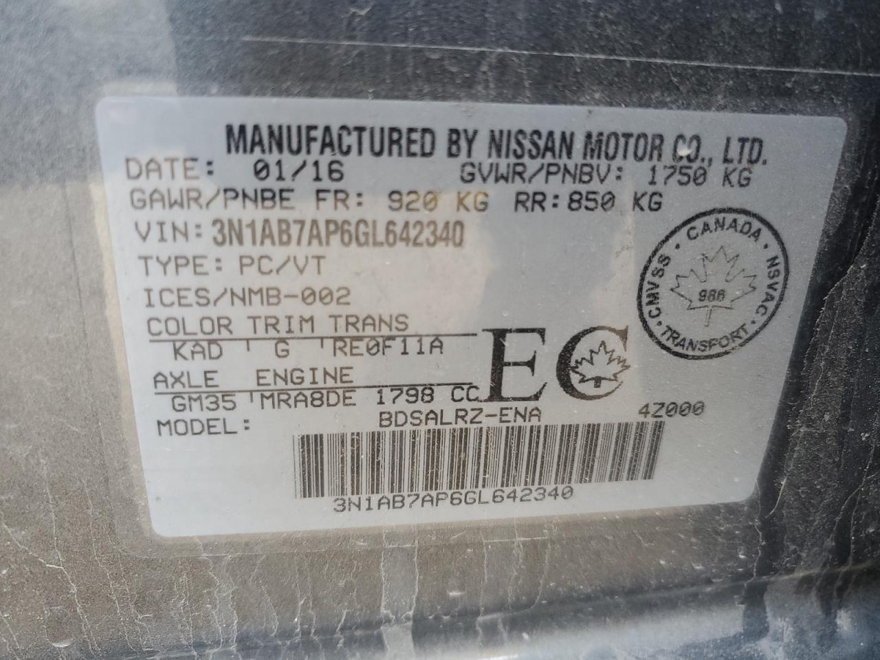 2016 Nissan Sentra S VIN: 3N1AB7AP6GL642340 Lot: 56182735
