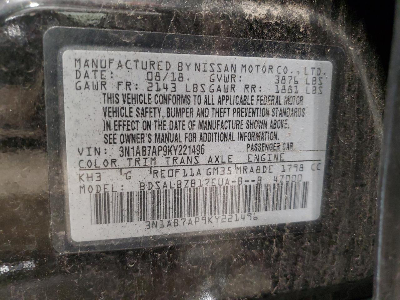 3N1AB7AP9KY221496 NISSAN SENTRA 2019