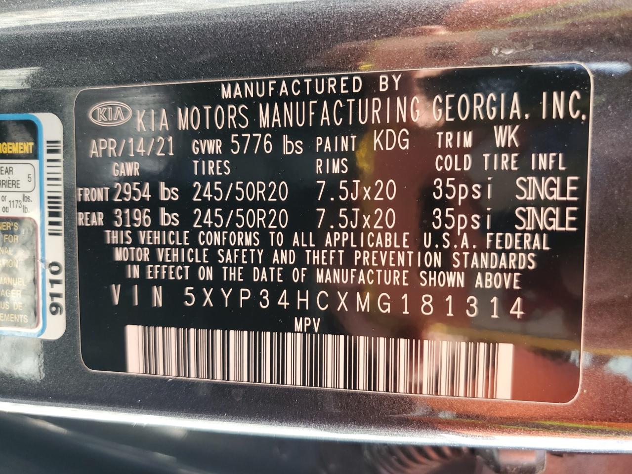2021 Kia Telluride Ex VIN: 5XYP34HCXMG181314 Lot: 56170945