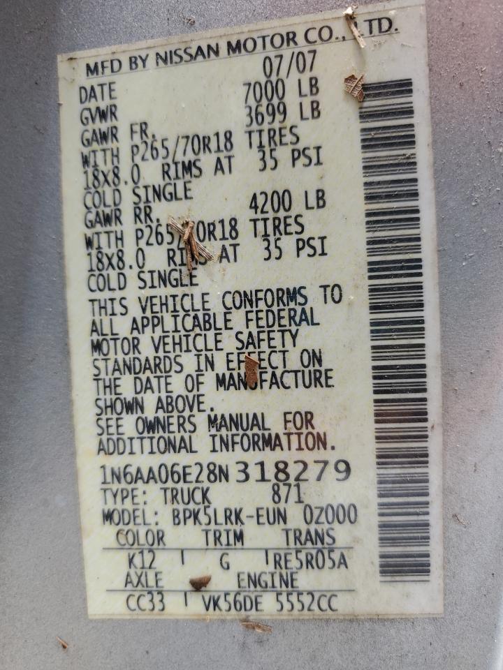 2008 Nissan Titan Xe VIN: 1N6AA06E28N318279 Lot: 56595225
