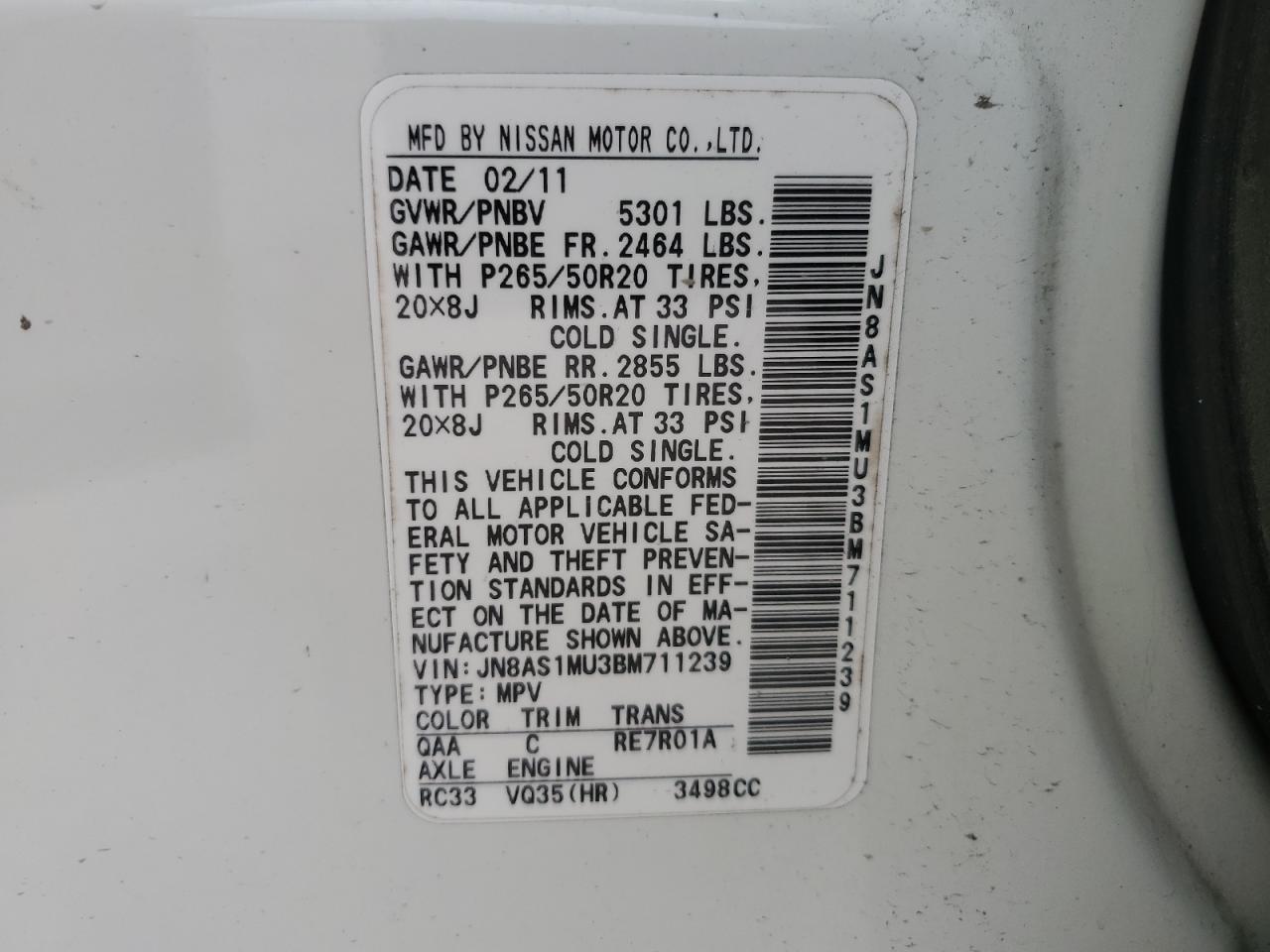 2011 Infiniti Fx35 VIN: JN8AS1MU3BM711239 Lot: 55524235