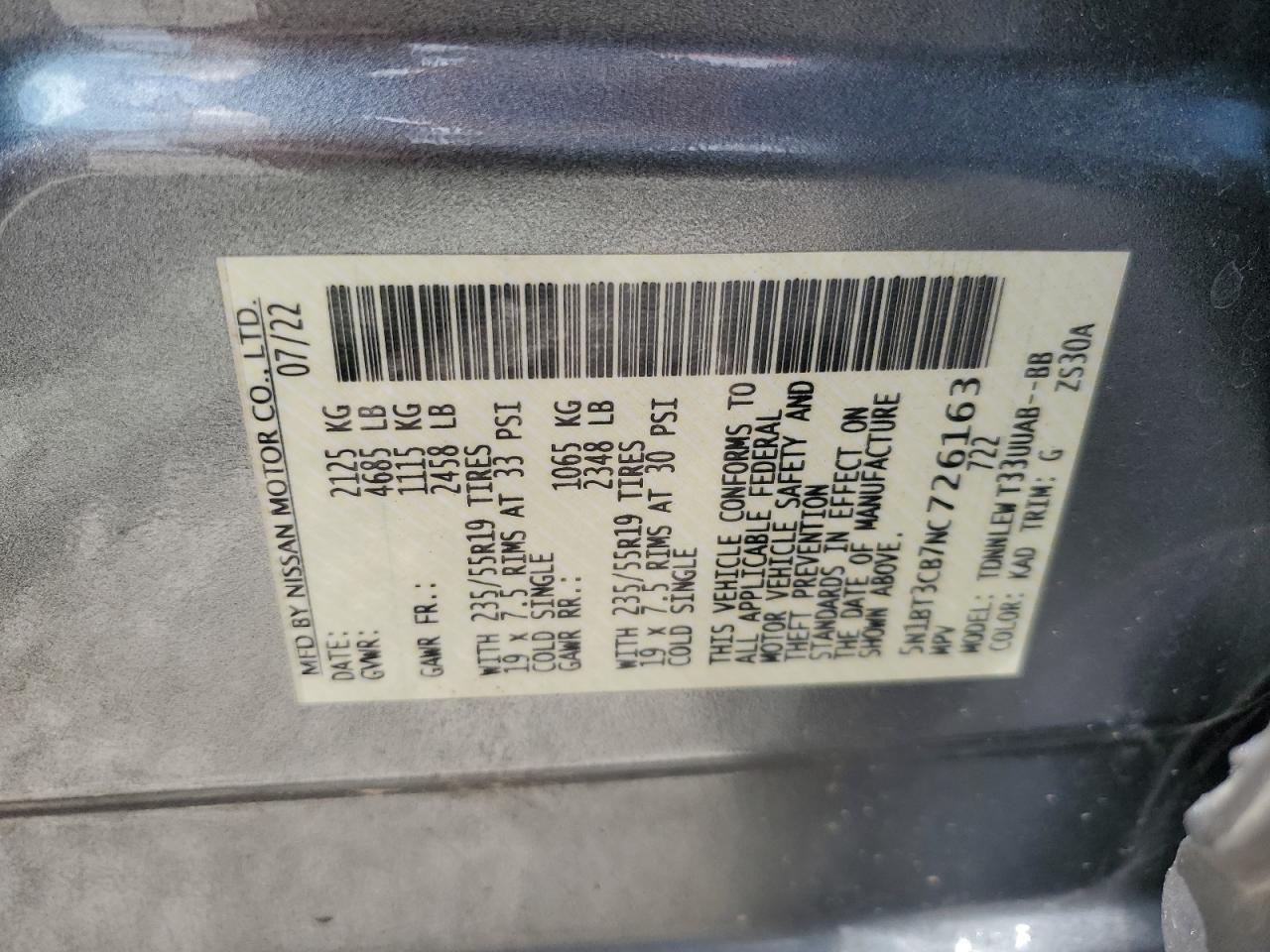 2022 Nissan Rogue Sl VIN: 5N1BT3CB7NC726163 Lot: 57284515
