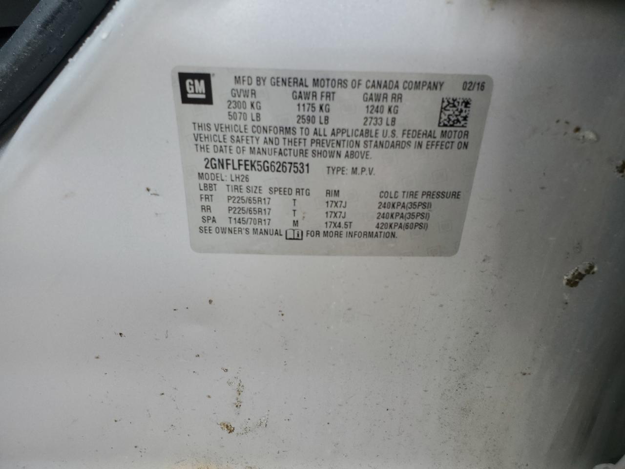 2GNFLFEK5G6267531 CHEVROLET EQUINOX 2016