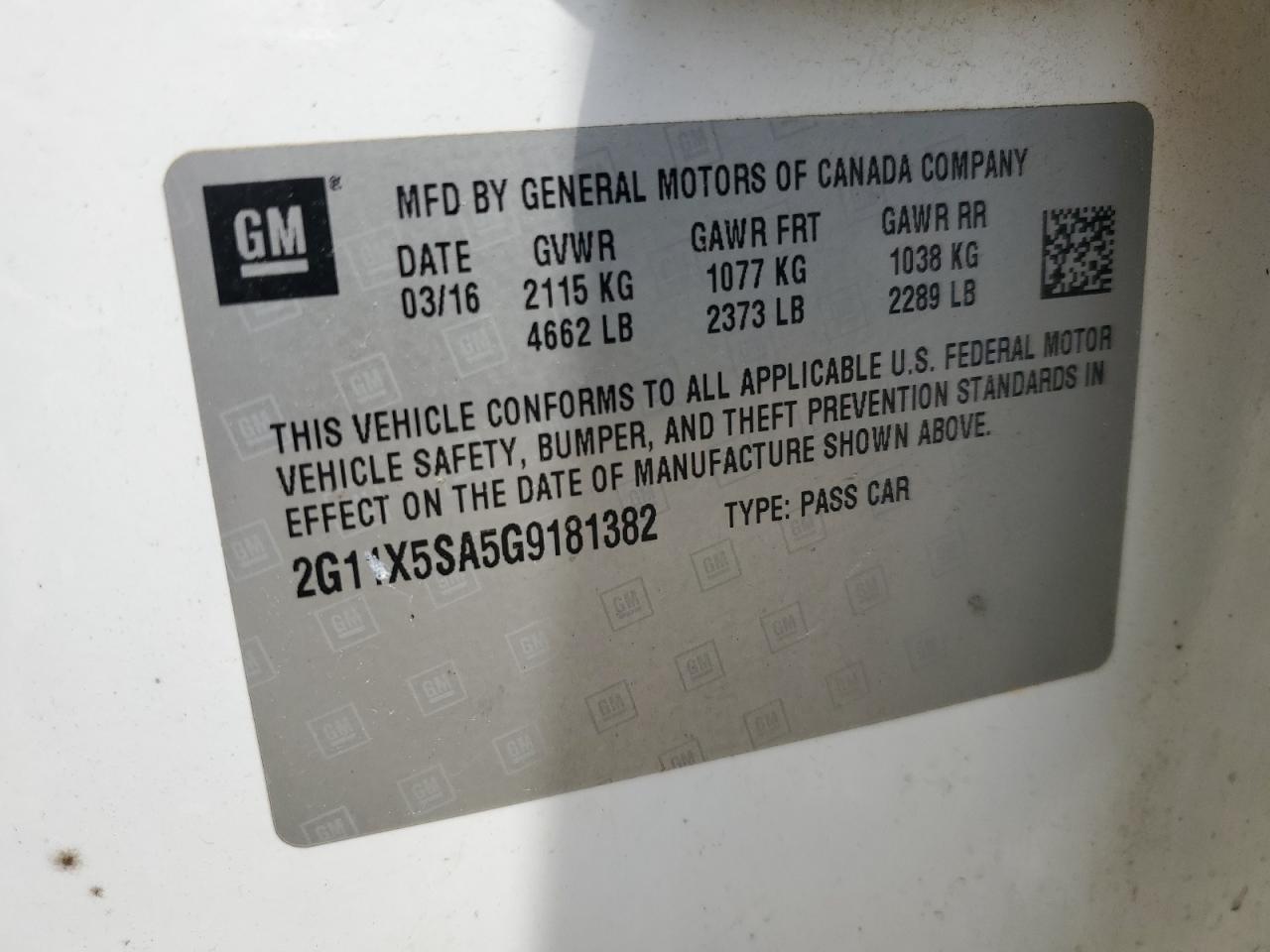 2G11X5SA5G9181382 CHEVROLET IMPALA 2016