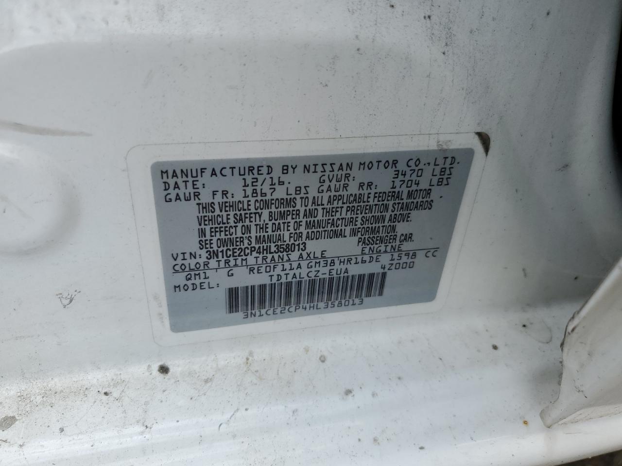 3N1CE2CP4HL358013 NISSAN VERSA 2017
