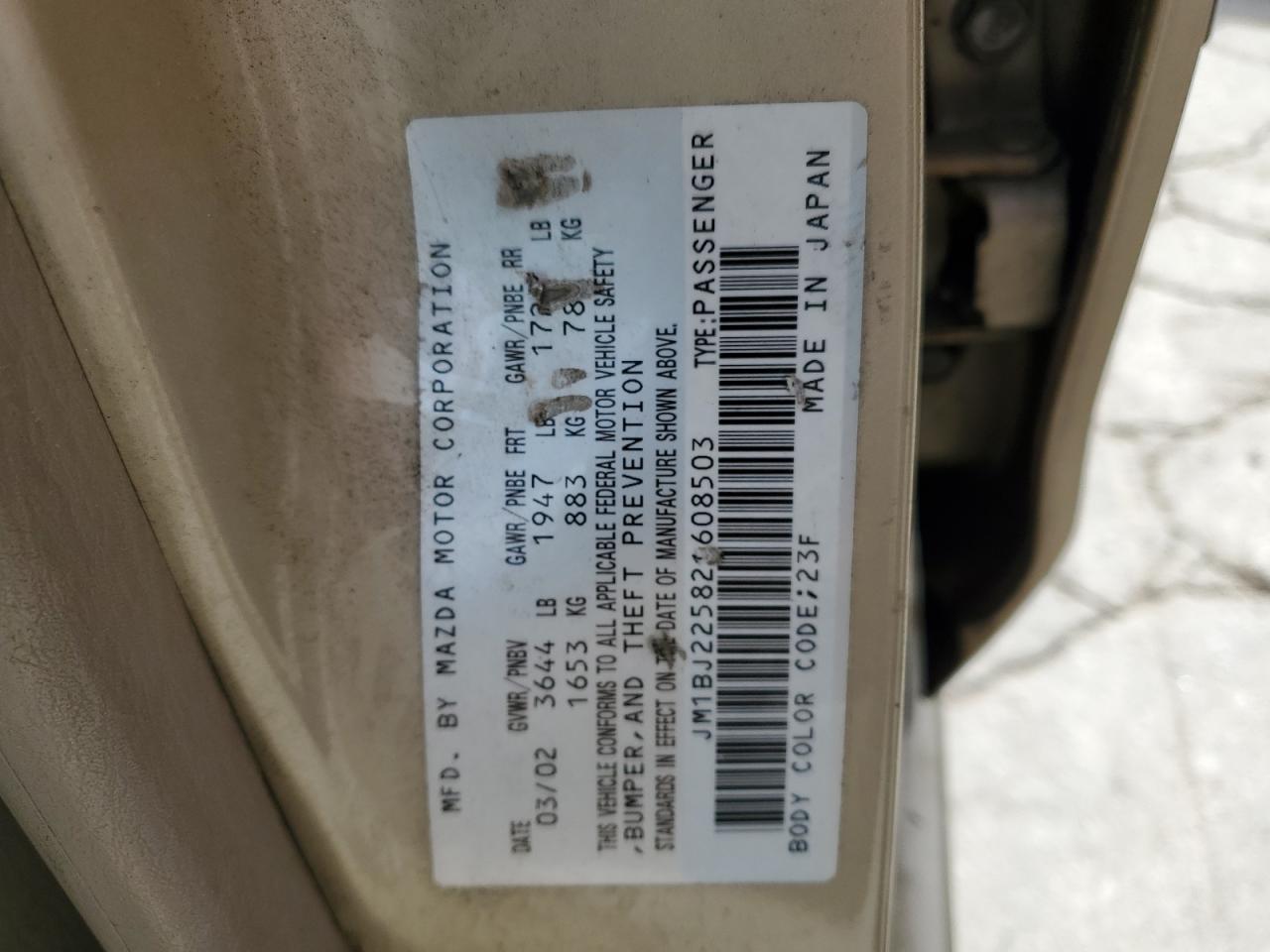 2002 Mazda Protege Dx VIN: JM1BJ225821608503 Lot: 53307285