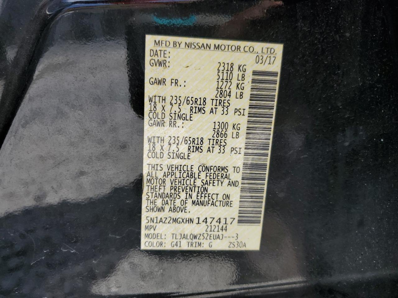 5N1AZ2MGXHN147417 NISSAN MURANO 2017