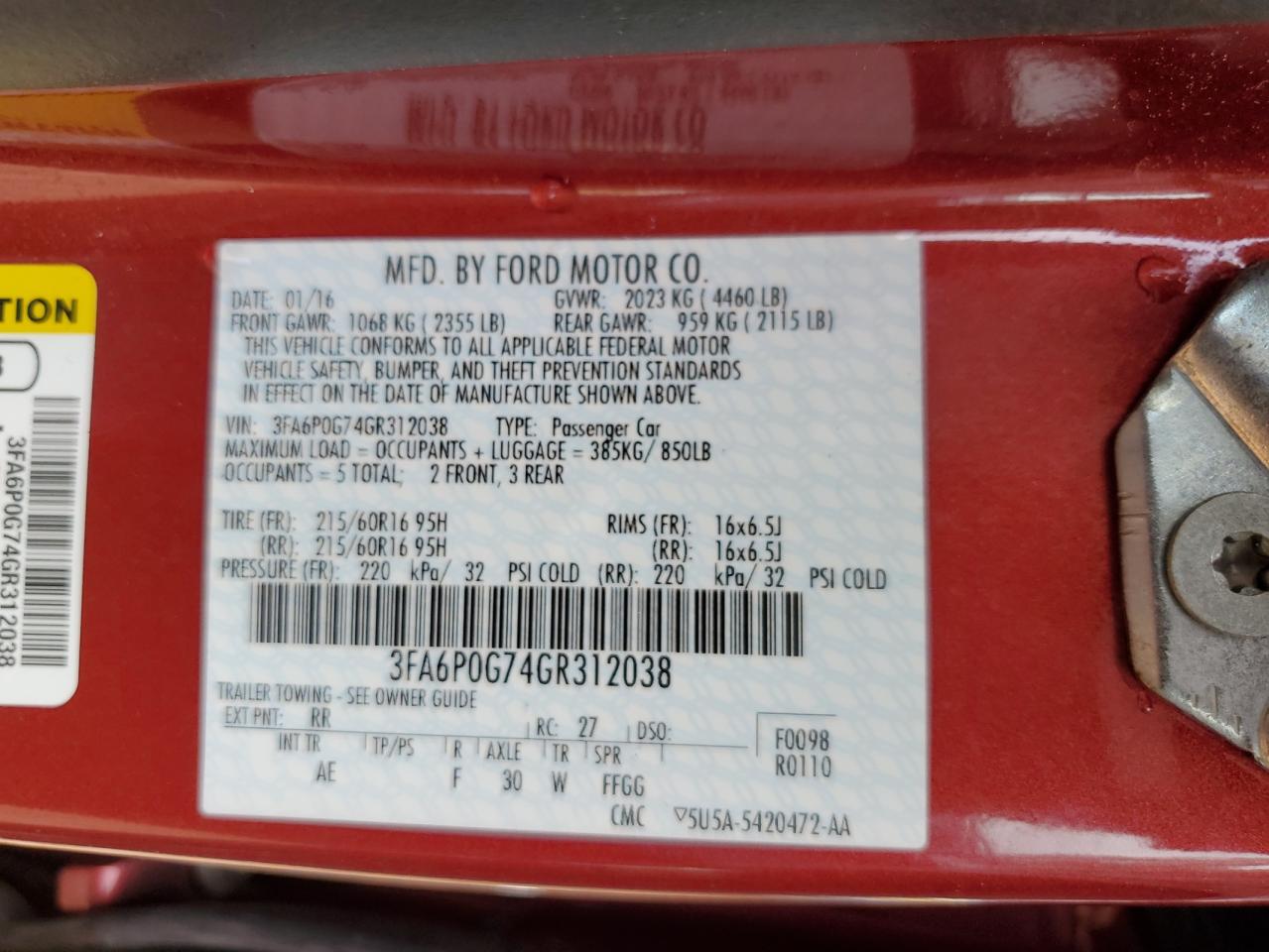 3FA6P0G74GR312038 FORD FUSION 2016