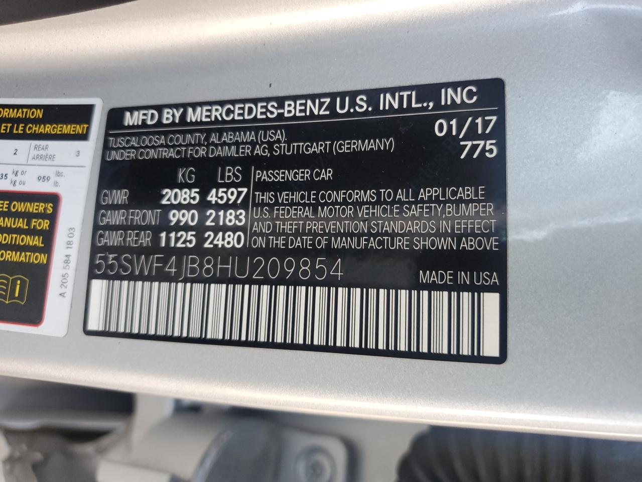 2017 Mercedes-Benz C 300 VIN: 55SWF4JB8HU209854 Lot: 56414705