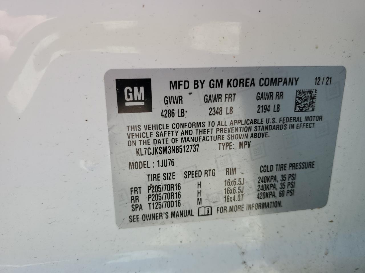 2022 Chevrolet Trax Ls VIN: KL7CJKSM3NB512737 Lot: 55753845