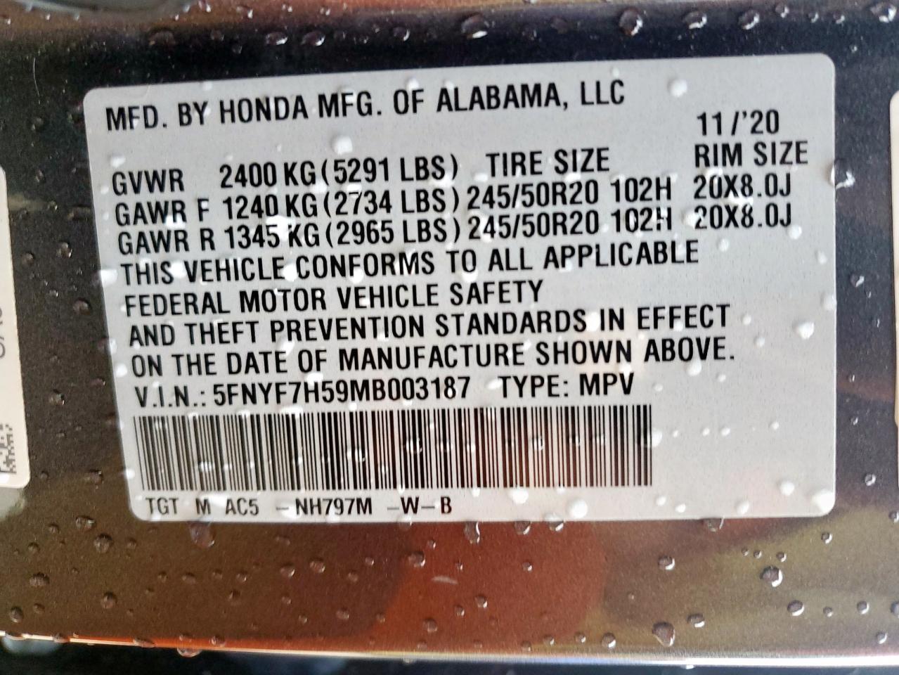 5FNYF7H59MB003187 HONDA PASSPORT 2021