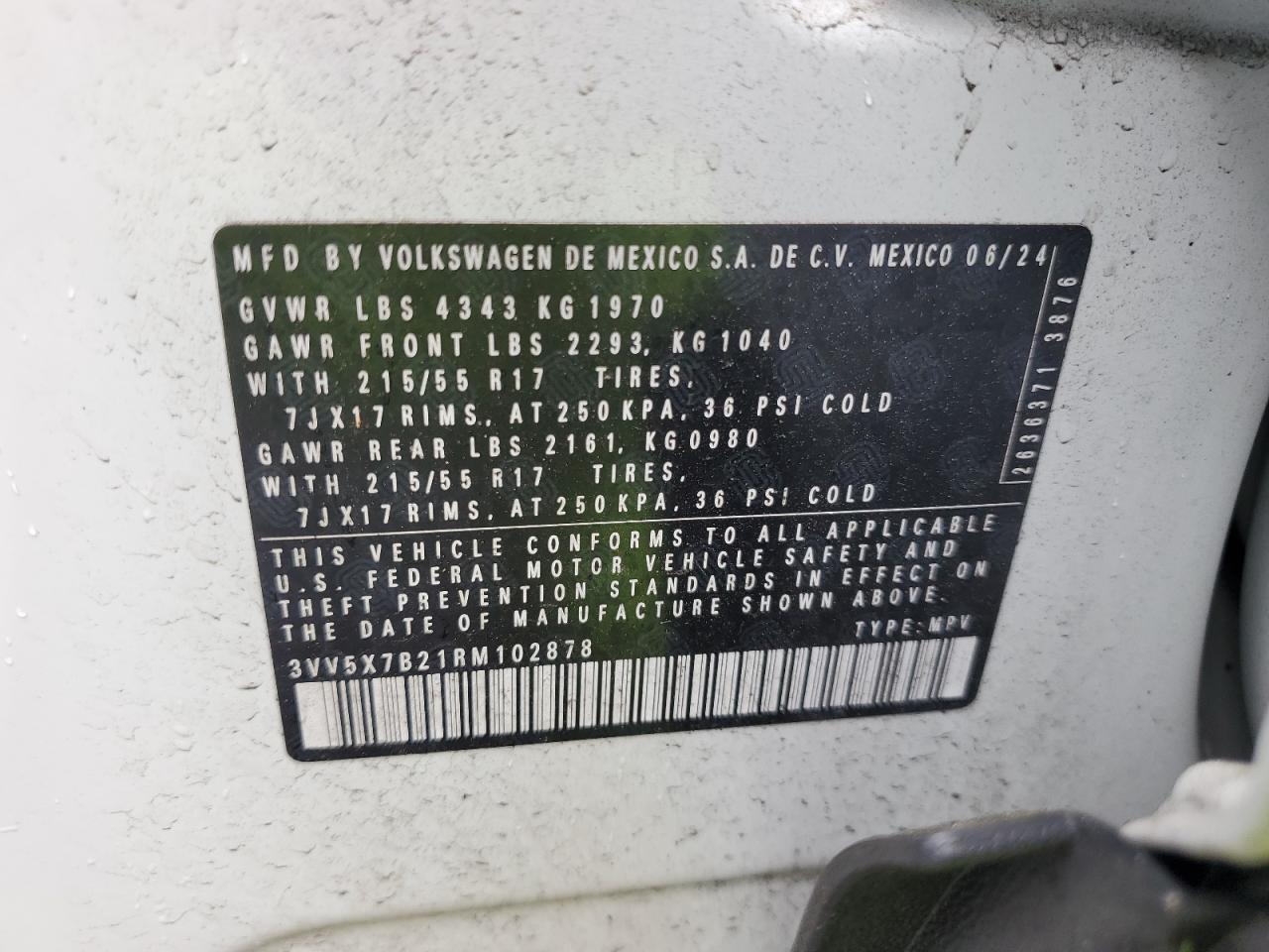 2024 Volkswagen Taos S VIN: 3VV5X7B21RM102878 Lot: 56895115