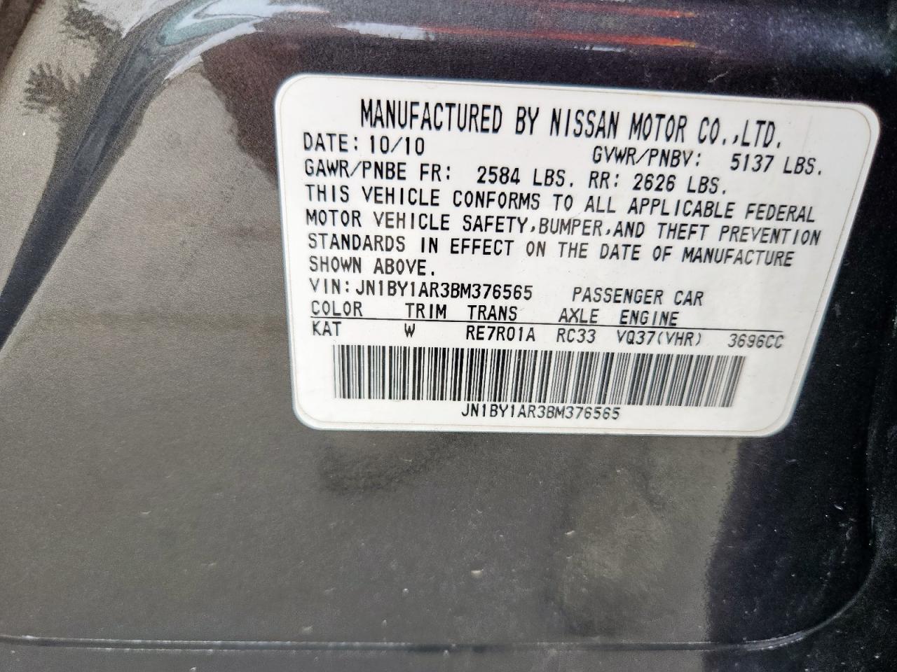 2011 Infiniti M37 X VIN: JN1BY1AR3BM376565 Lot: 56933865